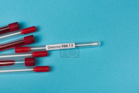 Top view of cotton swabs near test tubes with blood samples on blue background 