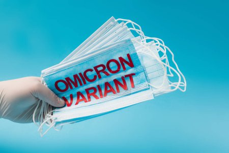 Cropped view of doctor in latex glove holding medical masks with omicron variant lettering isolated on blue 
