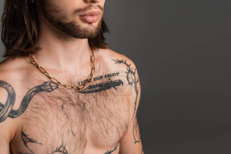 Photo for Cropped view of shirtless man with tattoo on body isolated on grey - Royalty Free Image
