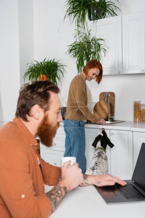 Smiling redhead woman looking at dalmatian dog near blurred husband using laptop in kitchen 