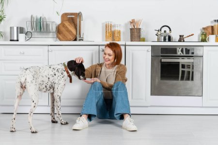 Positive redhead woman feeding dalmatian dog on floor in kitchen 