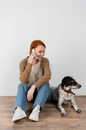 Cheerful redhead woman talking on cellphone near dalmatian dog on floor 