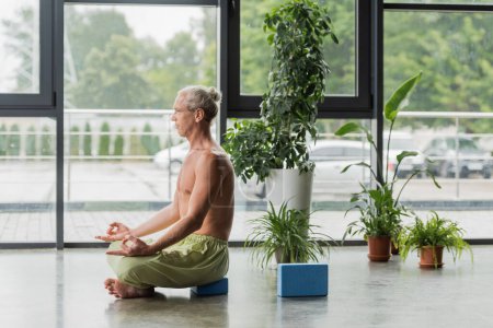 Photo for Shirtless man sitting in lotus pose on yoga foam block and doing gyan mudra - Royalty Free Image