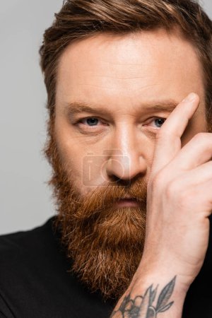 portrait of serious bearded man holding hand near face and looking at camera isolated on grey