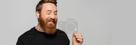 joyful bearded man in black t-shirt listening music and looking at wireless earphone isolated on grey, banner