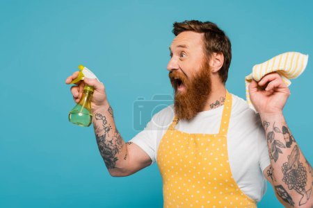 excited bearded man in apron holding rag and spray bottle isolated on blue