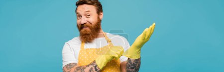 joyful bearded man in dotted apron putting on rubber gloves and smiling at camera isolated on blue, banner