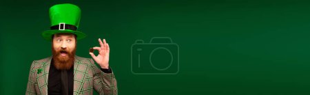Photo for Excited bearded man in hat holding coin during saint patrick day isolated on green, banner - Royalty Free Image