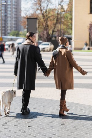Stilvolles Paar in Frühlingskleidung, Händchen haltend beim Gassigehen mit Hund 