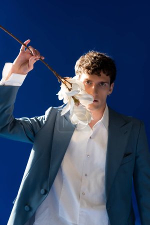 Portrait of curly model in jacket holding magnolia branch on navy blue background with sunlight 