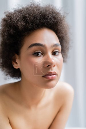 Foto de Retrato de una joven afroamericana con hombros desnudos mirando a la cámara sobre fondo gris - Imagen libre de derechos