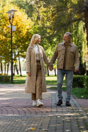 Positive mature couple walking and talking in autumn park  
