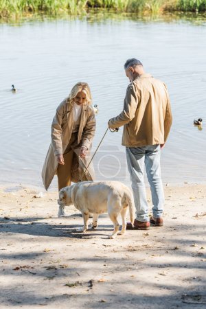 Lächelnde blonde Frau verbringt Zeit mit Labrador und Ehemann in der Nähe eines Sees im Park 