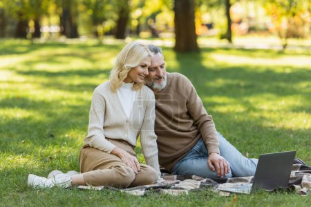 glückliches Paar mittleren Alters schaut Film auf Laptop und sitzt auf Decke im Park 