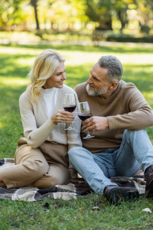 feliz pareja de mediana edad tintineo vasos con vino tinto durante el picnic en el parque 
