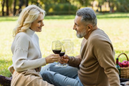 Photo for Side view of happy middle aged couple clinking glasses with red wine in green park - Royalty Free Image
