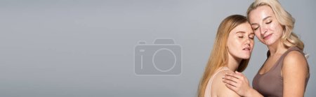 Photo for Women with problem skin closing eyes isolated on grey, banner - Royalty Free Image