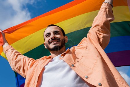 Téléchargez les photos : Vue à angle bas de l'homme gay joyeux tenant drapeau lgbt avec ciel en arrière-plan à l'extérieur, Journée internationale contre l'homophobie - en image libre de droit