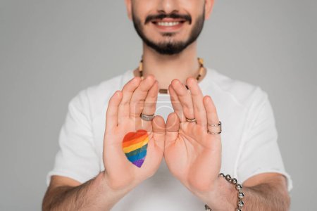 Foto de Vista recortada del alegre hombre gay con bandera lgbt en la mano aislado en gris, Día internacional contra la homofobia - Imagen libre de derechos