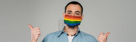 Young homosexual man in medical mask with lgbt flags showing thumbs up isolated on grey, banner 
