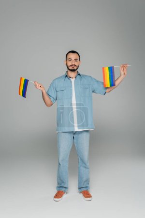 Full length of young gay man holding lgbt flags while standing on grey background, International Day Against Homophobia 