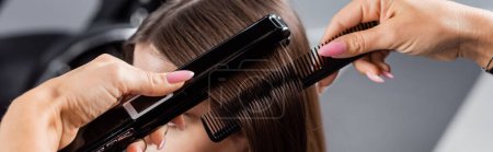 Photo for Beauty profession, straightening hair, hairdresser brushing and styling short brunette hair of woman, hair smoothing, professional, beauty salon work, salon beauty tools, hair salon, cropped, banner - Royalty Free Image