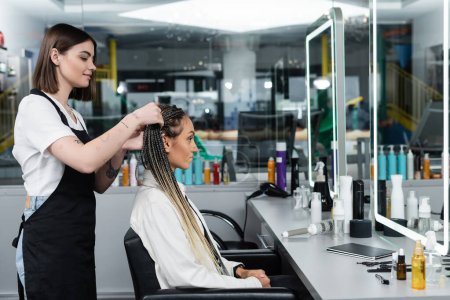 Photo for Hairdresser and female client, beauty salon, tattooed hair stylist doing hair of woman with braids, two ponytails, customer satisfaction, beauty worker, professional, hair fashion, side view - Royalty Free Image