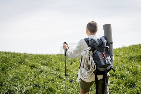 Back view of young short haired woman traveler with backpack holding trekking pole while walking on grassy hill at background, independent traveler embarking on solo journey