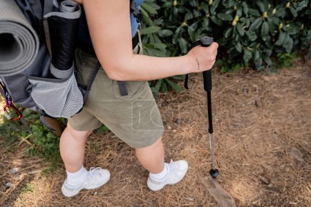 High angle view of young tattooed female hiker with backpack holding trekking pole while walking on path in summer forest, reconnecting with yourself in nature concept, Translation of tattoo: love