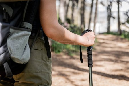 Cropped view of young tattooed female tourist with backpack holding trekking pole while walking on blurred summer forest at background, hiking for health and wellness, Translation of tattoo: love