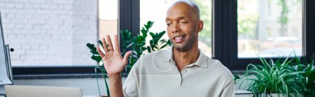myasthenia gravis, bold african american businessman with eye syndrome waving hand during video call, dark skinned office worker with ptosis syndrome, diversity and inclusion, banner 