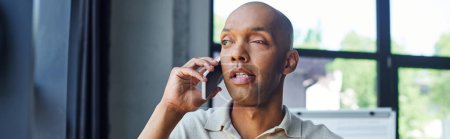 phone call, african american man with myasthenia gravis disease talking on smartphone, phone call, bold and dark skinned office worker with ptosis eye syndrome, inclusion, banner 