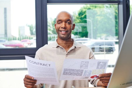 inclusion, happy african american man with myasthenia gravis disease holding contract, dark skinned office worker in casual attire looking at camera, ptosis syndrome, professional headshots 