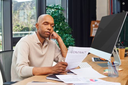 inclusion, african american man with myasthenia disease looking at contract, dark skinned office worker in casual attire sitting at desk, monitor, smartphone, documents and graphs, ptosis syndrome 
