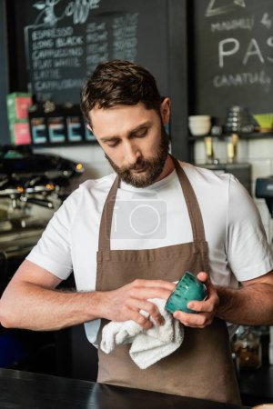 barista barbudo y enfocado en delantal taza de limpieza con toalla mientras trabaja en la cafetería
