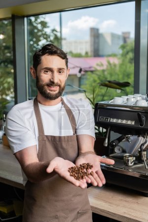 fröhlicher bärtiger Barista in Schürze, der Kaffeebohnen zeigt, während er im Hintergrund im Café arbeitet