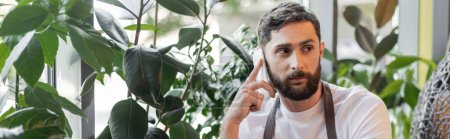bearded barista in apron talking on smartphone while standing near plants in coffee shop, banner