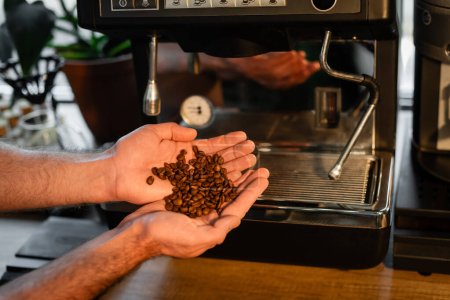 cropped view of barista holding coffee beans on hands near coffee machine in cafe