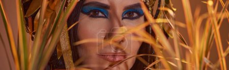 Téléchargez les photos : Femme avec maquillage et coiffe égyptienne regardant caméra derrière des plantes isolées sur brun, bannière - en image libre de droit