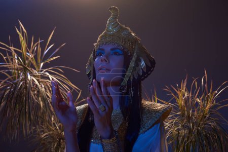Mujer en traje egipcio mirando hacia otro lado cerca de las plantas del desierto en luz azul sobre fondo marrón