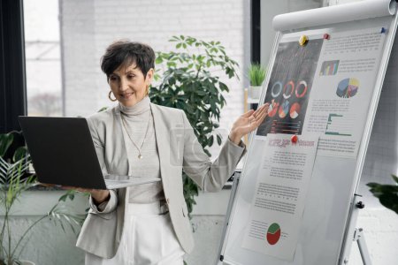 smiling mature entrepreneur pointing at business analytics on flip chart, online chat on laptop