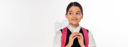 Photo for Happy schoolgirl having idea, creativity, looking away isolated on white, backpack, banner - Royalty Free Image