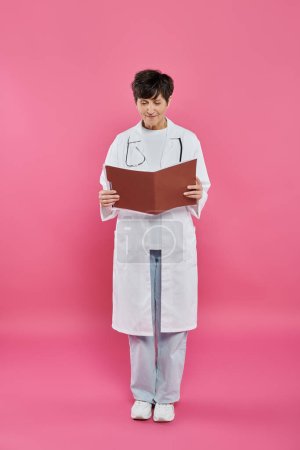 female oncologist, mature doctor holding folder, breast cancer awareness concept, medical record