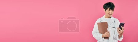 Photo for Mature oncologist, female doctor holding folder, using smartphone, breast cancer awareness, banner - Royalty Free Image
