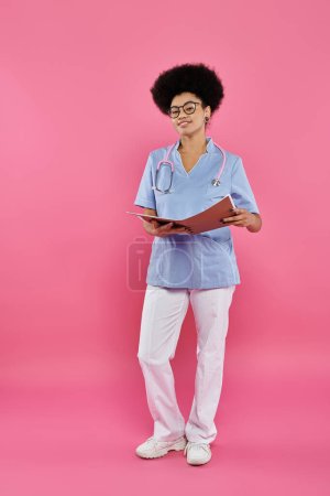 Photo for Breast cancer awareness, african american doctor, happy oncologist with folder, medical record - Royalty Free Image