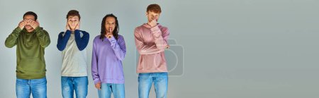 Photo for Four multicultural men gesturing hear, see, speak and do no evil, cultural diversity, banner - Royalty Free Image