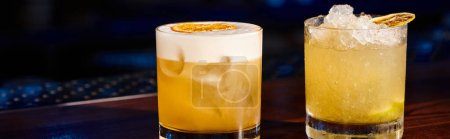zesty caipirinha and sophisticated whiskey sour with bar on backdrop, concept, banner