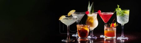 set of zesty cocktails with fresh decorations on black background, concept, banner