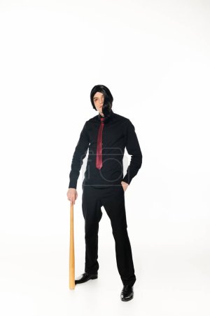 full length of anime style student in black clothes and red tie with baseball bat on white