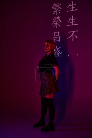 woman in school uniform in neon light on purple backdrop with hieroglyphs projection, anime style